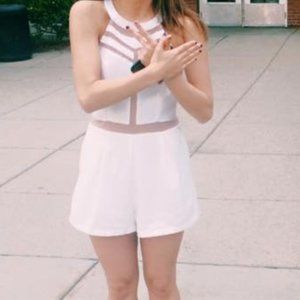 White/tan halter mesh jumpsuit